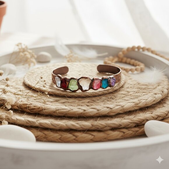 🆕️Bracelet with 7 Natural Gemstones Handcrafted Multi-Colored Crystal Rock Cuff - Picture 6 of 13